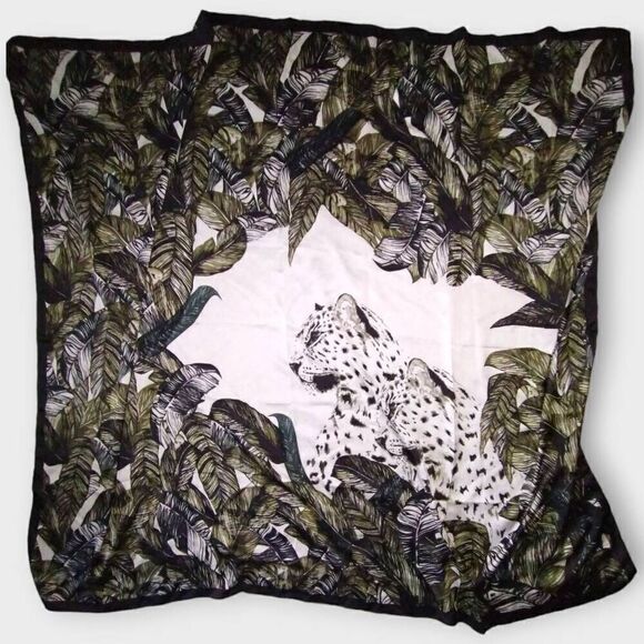 Saks Fifth Ave Scarf Leopard Black White Green Large 62"x 58" Silk - Picture 3 of 5